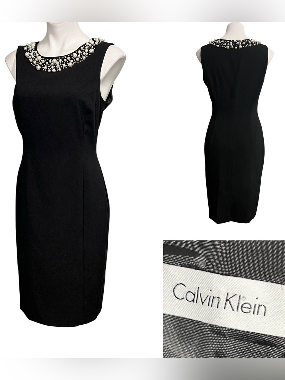 Calvin Klein dress sz 8 Black Sleeveless Sheath Pearl Neckline office church